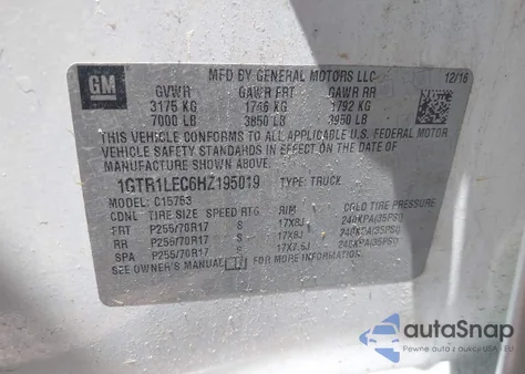 2017 GMC Sierra C1500 z USA, uszkodzony, nr VIN 1GTR1LEC6HZ195019